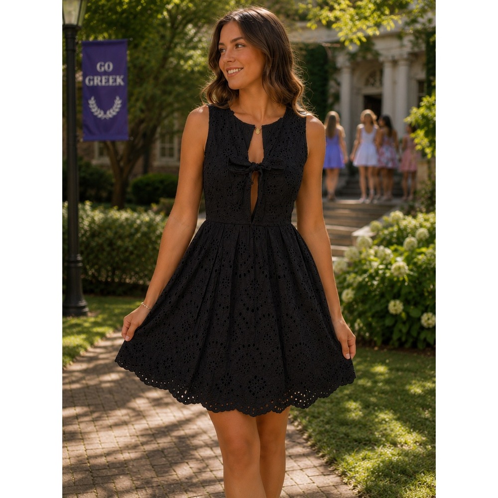 Black Eyelet‎ Embroidered Dress Sz Large NWT Sleeveless Fit & Flare Rush Week